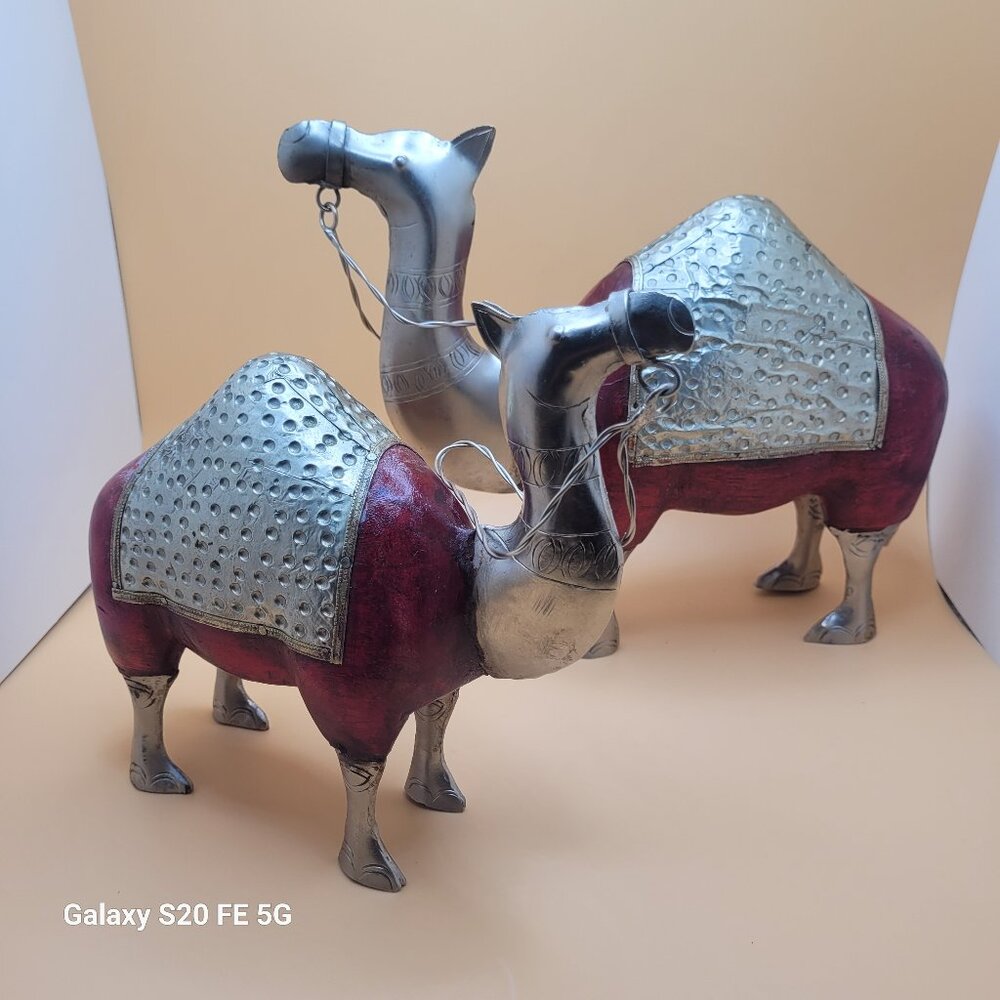 Vintage Metal Camel Silver Tone with Red Leather Desert Camel Pair Decorative